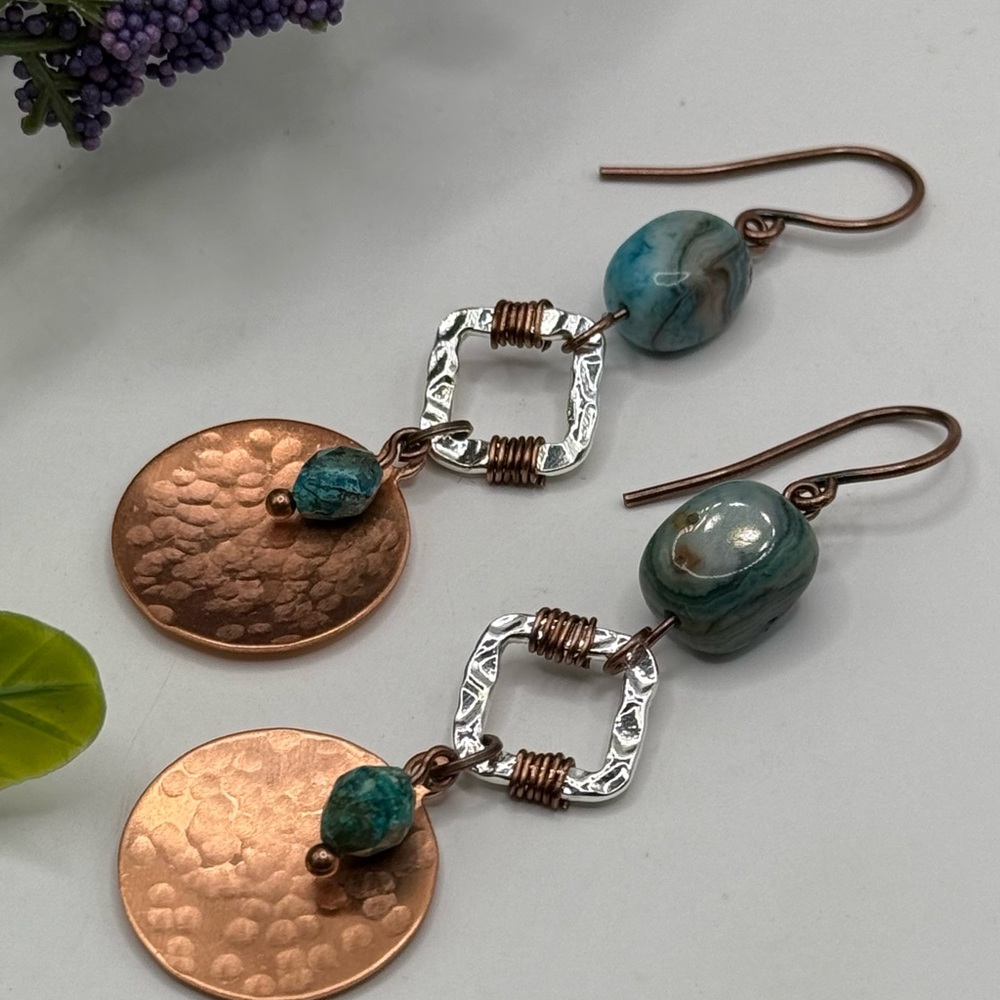 Copper and Turquoise Dangle Earrings - Picture 3 of 8